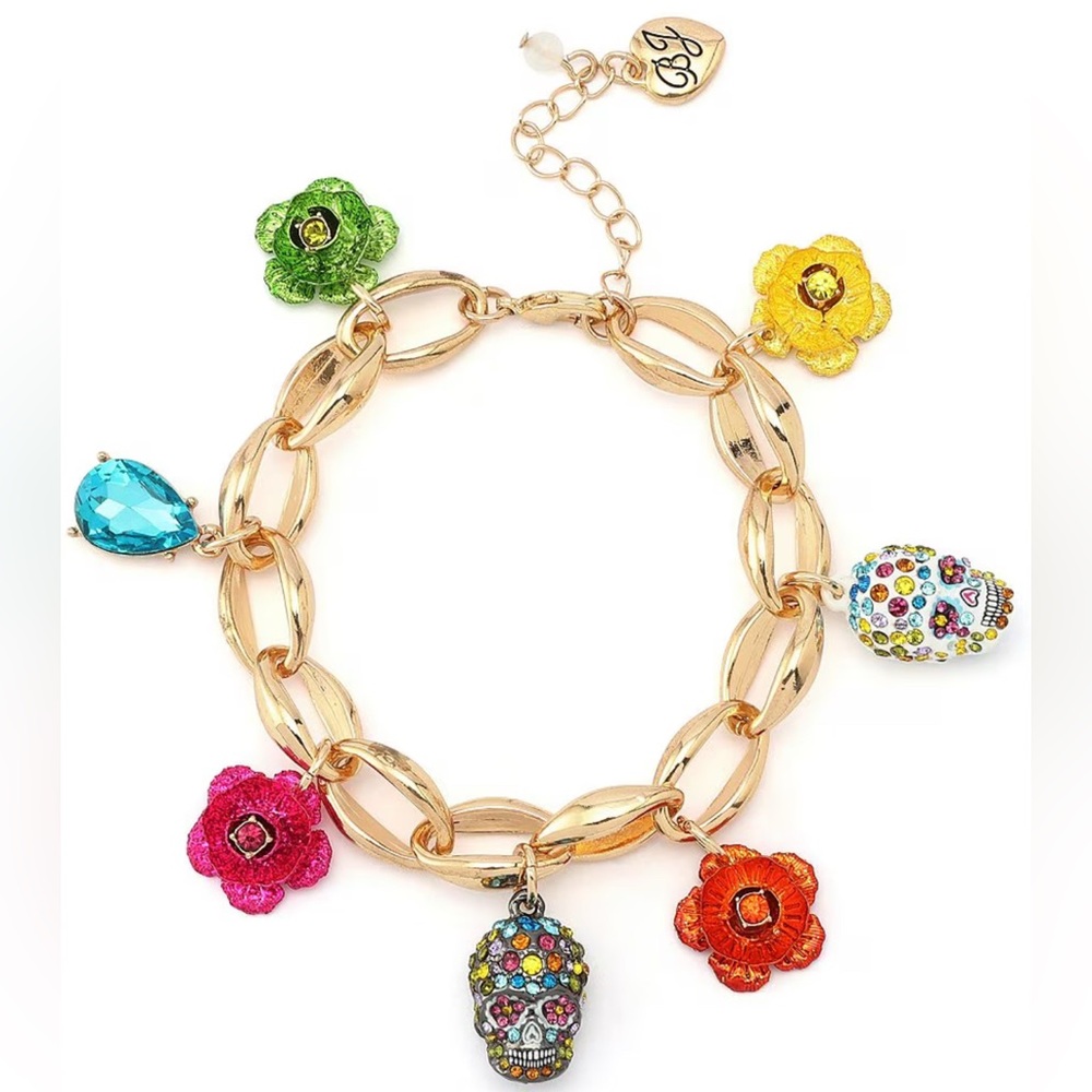 🩶BETSEY JOHNSON FLOWER SKULL CHARM LINK BRACELET - NWT🩶